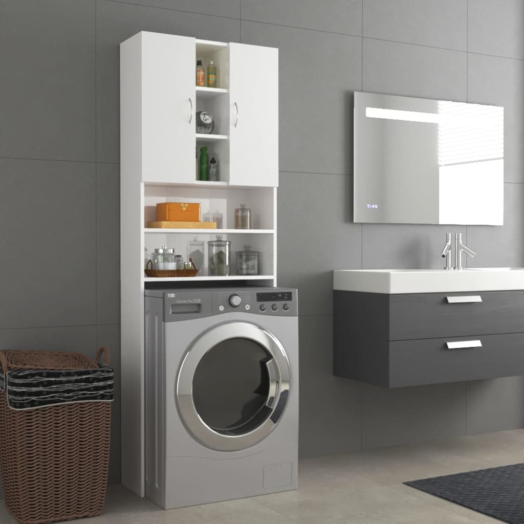 Mobile per Lavatrice,Armadietto Bagno Bianco Lucido 64x25,5x190 cm -25113