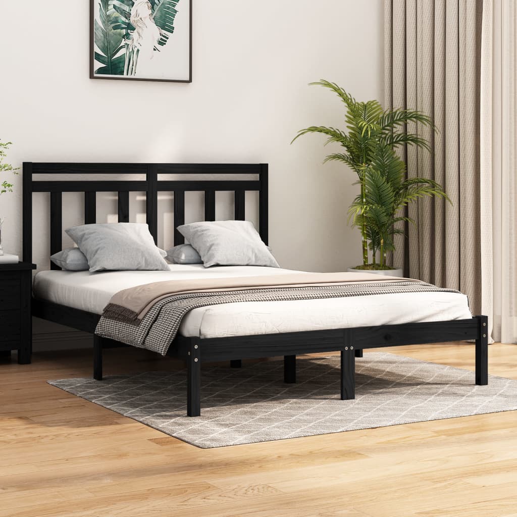 Cama Moderno Estructura de Cama para adulto doble madera maciza negro  135x190 cm ES11989A