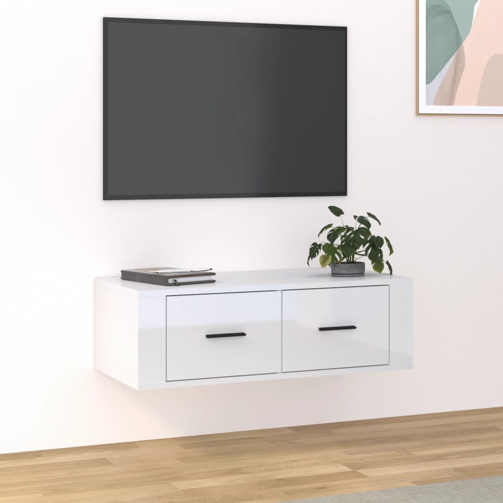 Mobile Porta TV Pensile Mobile da soggiorno Bianco Lucido 80x36x25cm in Legno  Multistrato ITD59597