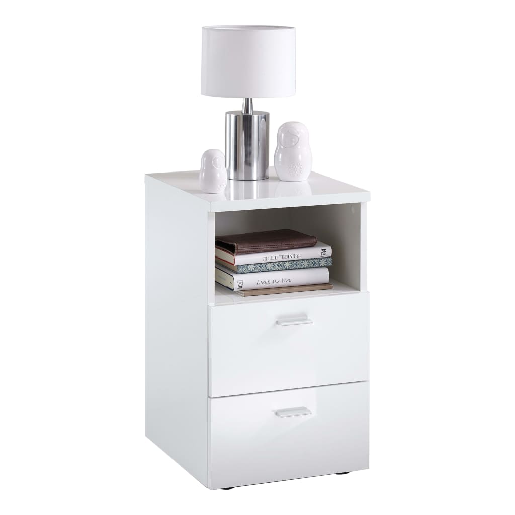 FMD Bedside Table with 2 Drawers Shelf High Gloss White White