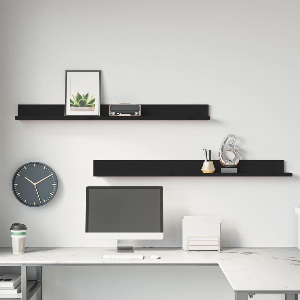 Set di 2 Mensole da Parete,Mensole Design Scandinavo,Scaffali Nero 110x11x9cm in legno Massello di Pino -23798 - Nero