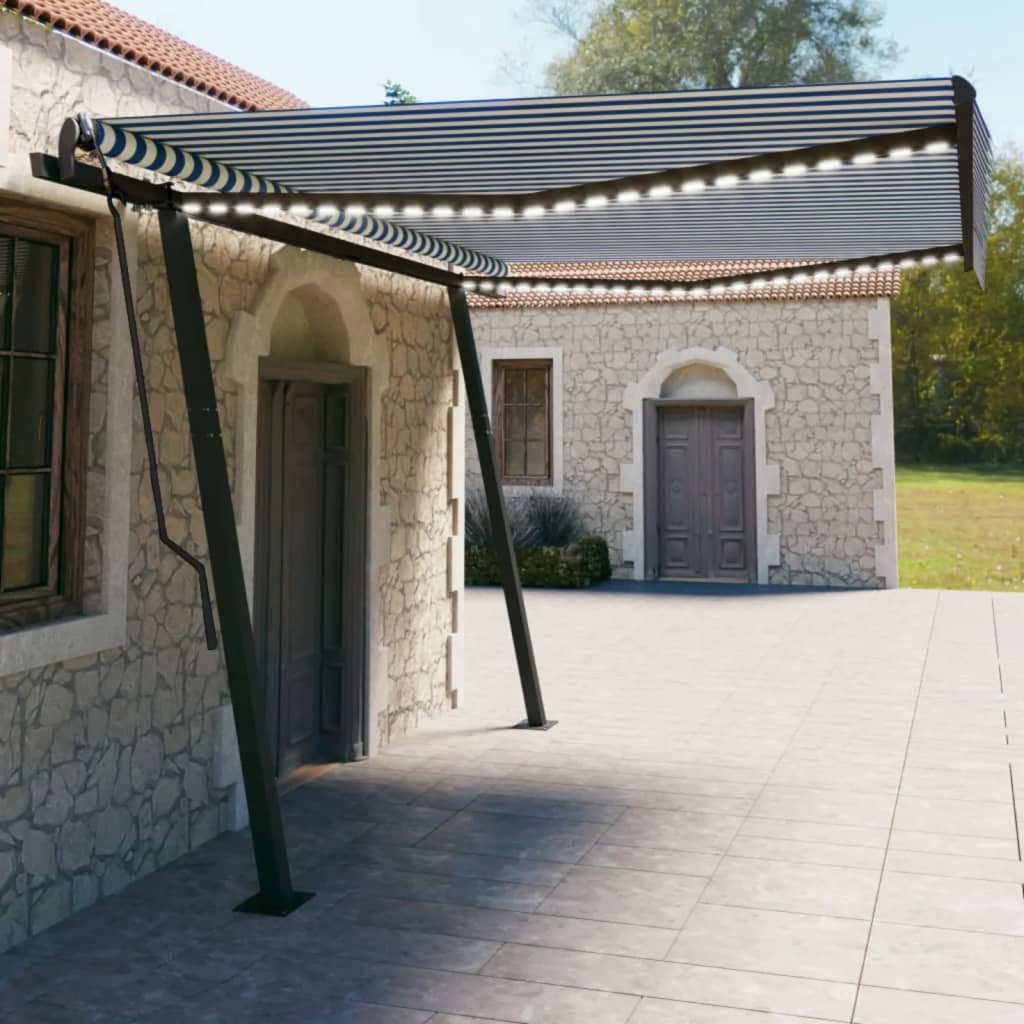 Tenda da Sole Retrattile Manuale，Tende da esterno，Tenda Parasole，Telo  Ombreggiante con LED 4,5x3 m Blu e Bianca XZZ330566 MaisonChic