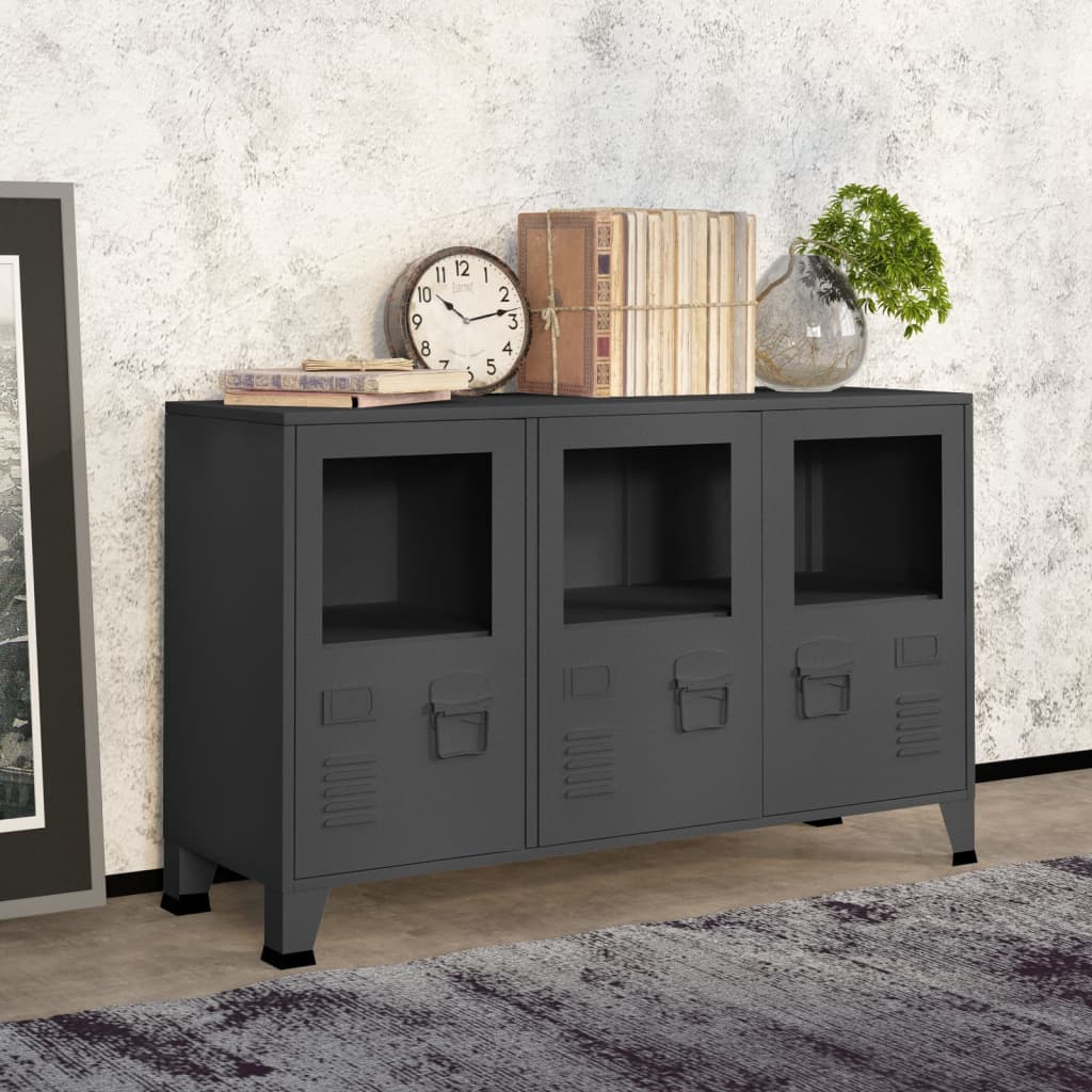 Credenza Moderna，Madia da cucina，Mobile Buffet，Armadio da Cucina Moderna  Antracite Industriale 105x35x62 cm in Metallo e Vetro VMOE46492 BonneVie