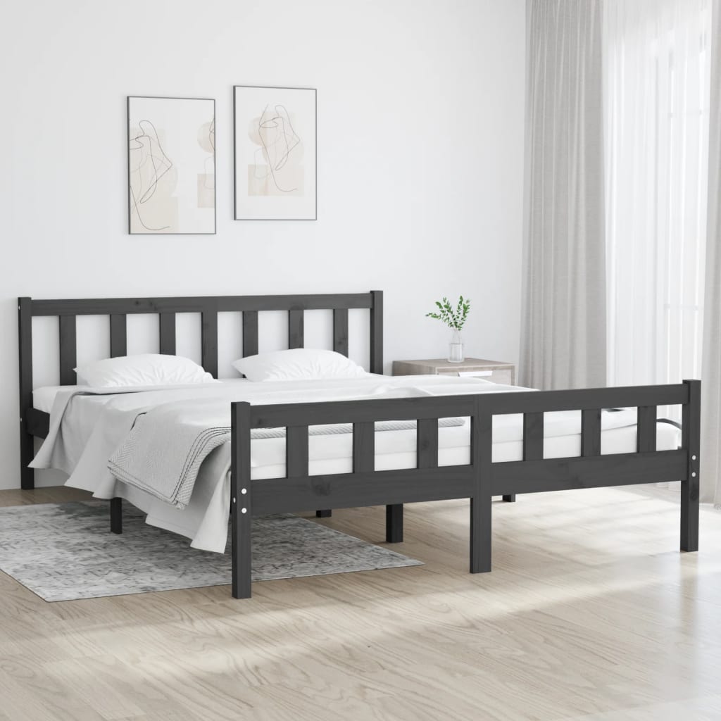 Letto Matrimoniale Moderno Struttura Letto Giroletto Grigio in Legno  Massello 150x200 cm 5FT King Size ITD86873