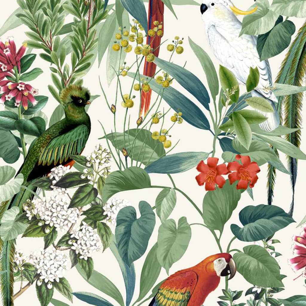 Muriva Sankuru Métallique Tropical Papier peint Oiseaux Floral Feuille Gris Clair Or