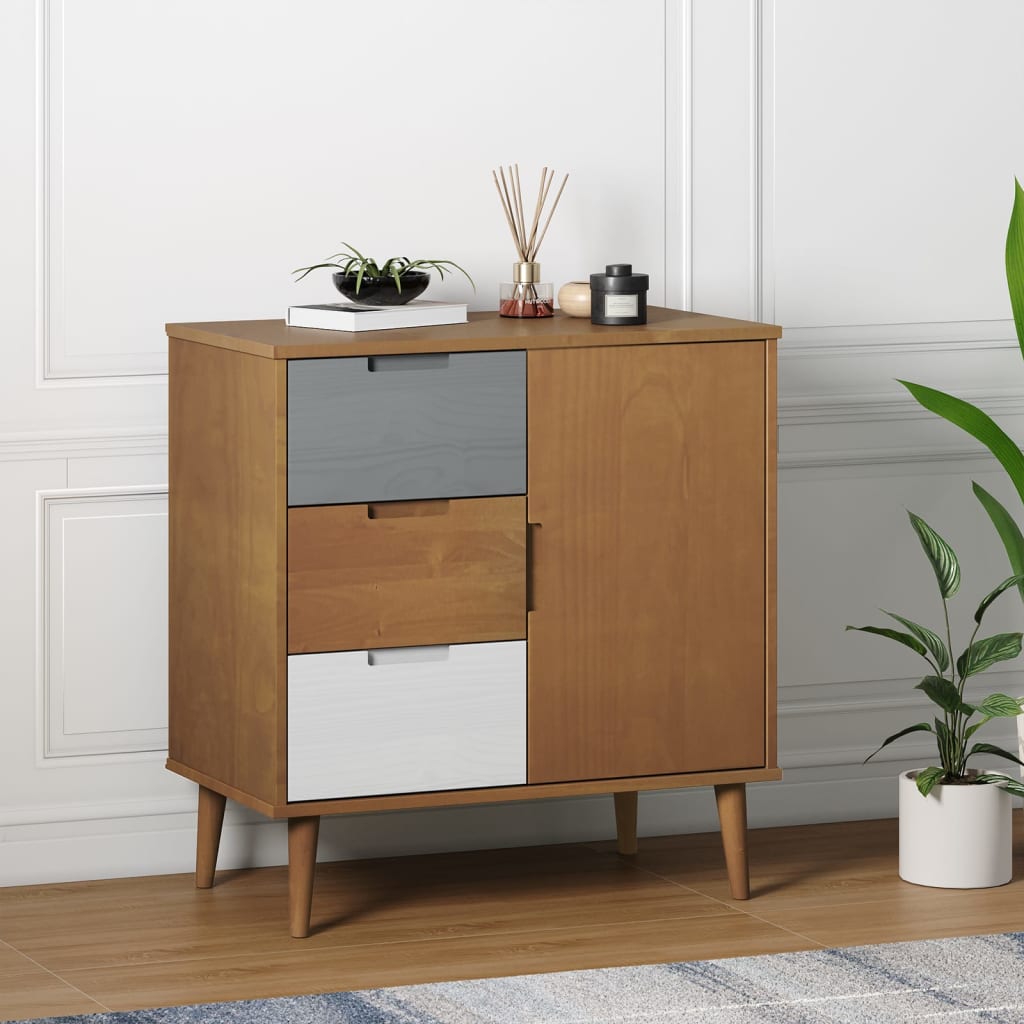 Credenza Moderna，Madia da cucina，Mobile Buffet，Armadio da Cucina MOLDE  Marrone 76,5x40x80 cm in Legno Massello di Pino VMOE23182 BonneVie