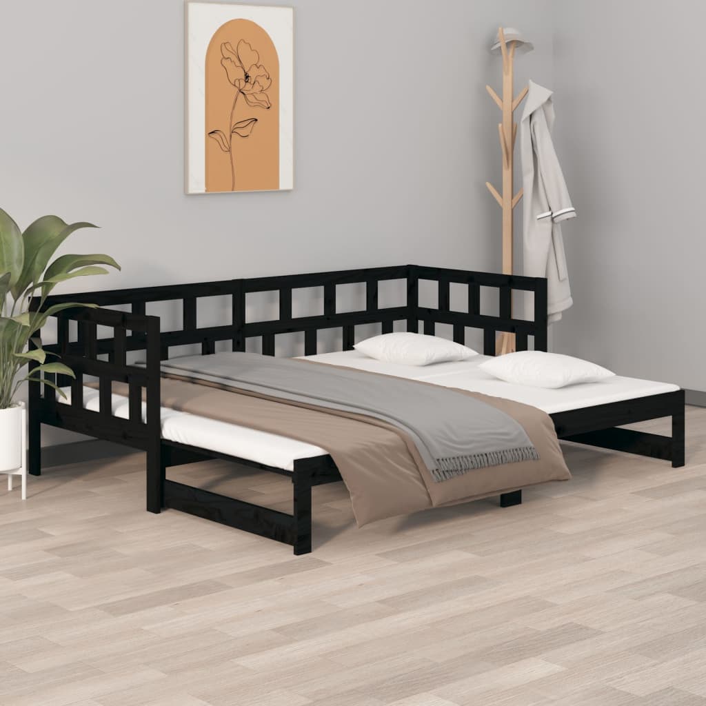 Letto matrimoniale，Dormeuse Estraibile，Letto per adulti Nera in Legno  Massello di Pino 2x(90x200)cm CWW783498 MaisonChic