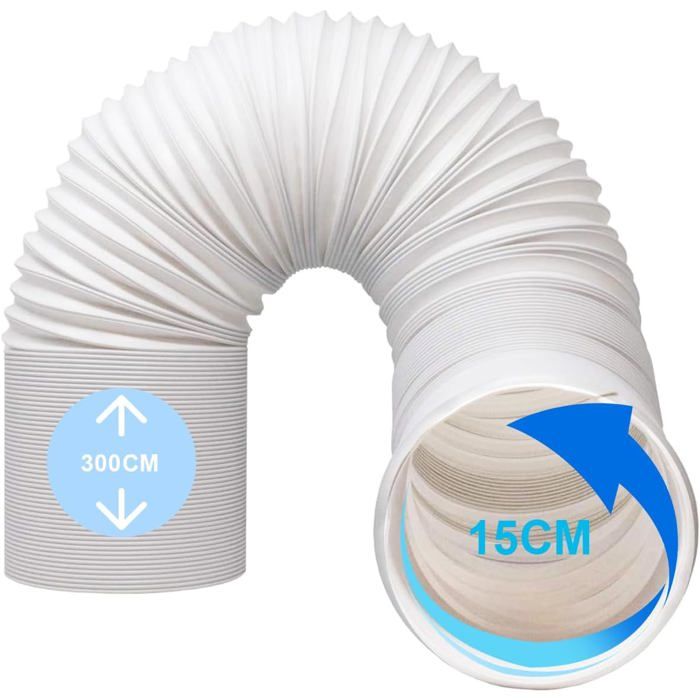 Tuyau blanc plissé en deux positions : rétracté (48 cm) et étendu (300 cm). Des flèches rouges annotent les dimensions. Un encart indique : SIZE DETAILS: Extendable to 3 meters, Retractable to 48 cm, Diameter 15cm.