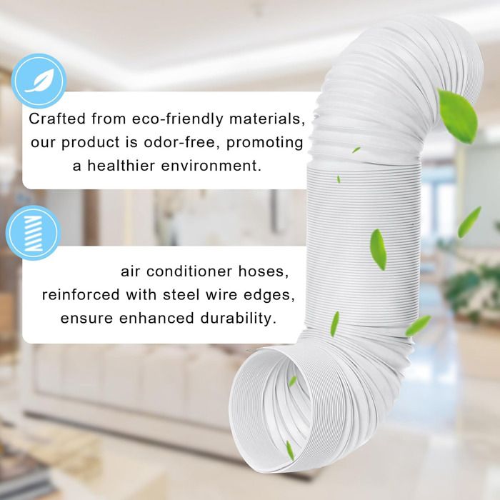 Tuyau blanc plissé en forme de U dans un intérieur. Deux bulles de texte : Crafted from eco-friendly materials, our product is odor-free, promoting a healthier environment. et air conditioner hoses, reinforced with