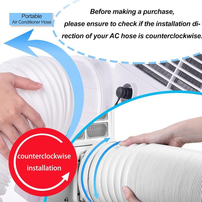 Mains installant un tuyau blanc plissé sur une unité de climatiseur mobile. Un texte en haut indique : Before making a purchase, please ensure to check if the installation direction of your AC hose is