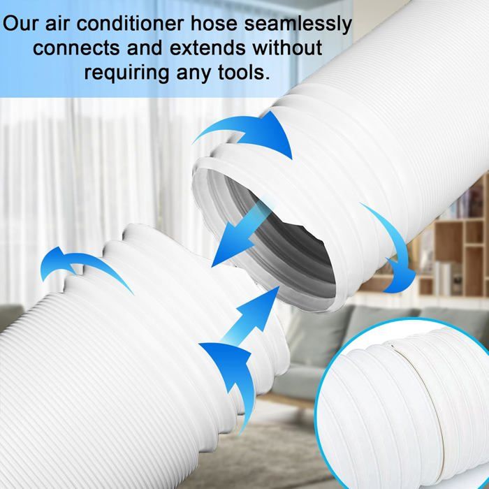 Deux sections de tuyau blanc plissé sassemblant par enroulement. Des flèches bleues indiquent le mouvement de connexion. Un texte en haut indique : Our air conditioner hose seamlessly connects and extends without