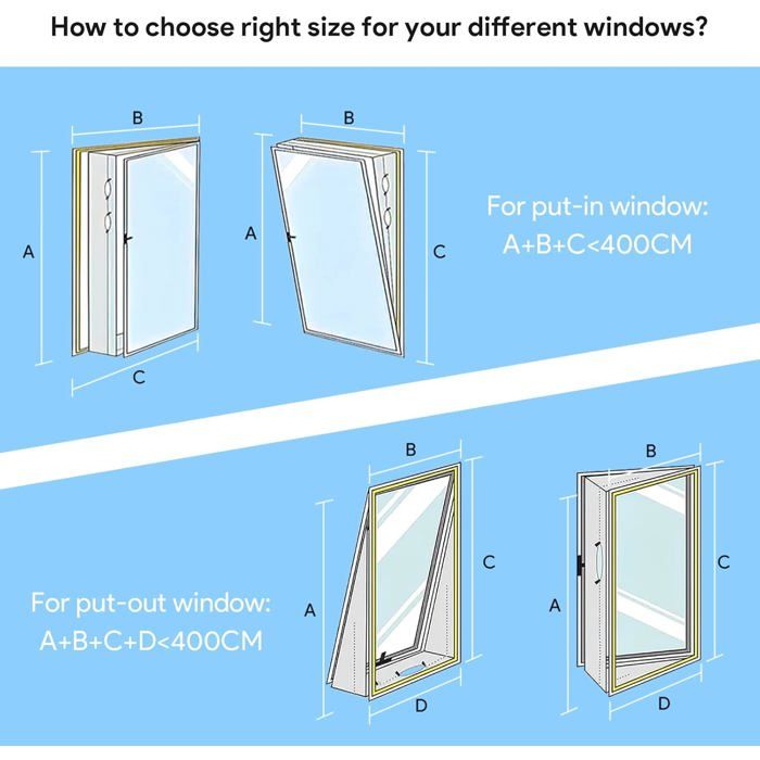 Un joint détanchéité blanc pour climatiseur mobile installé sur une fenêtre ouverte, avec un tuyau flexible blanc sortant. Le produit est fixé sur un cadre de fenêtre blanc, avec une vue extérieure sur un jardin. Un texte bleu en bas à gauche indique 400CM.