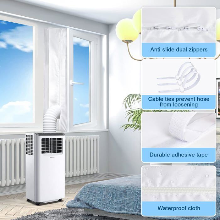Un climatiseur mobile blanc installé dans une chambre, avec un joint détanchéité blanc fixé sur une fenêtre ouverte. À droite, quatre encadrés décrivent des caractéristiques : Anti-slide dual zippers, Cable ties