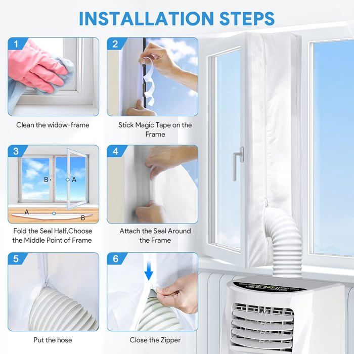 Guide dinstallation en 6 étapes du joint détanchéité : nettoyage du cadre, collage du ruban, pliage du joint, fixation autour du cadre, insertion du tuyau, fermeture de la fermeture éclair.
