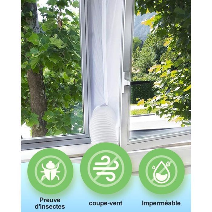 Un tuyau blanc souple est inséré dans une fenêtre ouverte, avec un paysage verdoyant à lextérieur. En bas, trois pictogrammes verts indiquent : Preuve dinsectes (icône dinsecte barré), coupe-vent (icône de vent