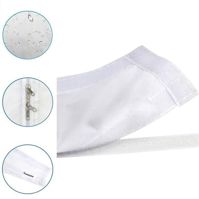 Gros plan sur un tissu blanc, probablement le joint souple. Trois cercles agrandis montrent des détails : des gouttelettes deau sur le tissu (indiquant imperméabilité), une fermeture éclair métallique, et une étiquette