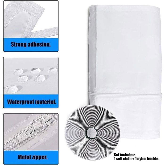 Un climatiseur mobile blanc est positionné sous une fenêtre de toit ouverte, avec un tuyau flexible blanc sortant de lappareil et passant à travers un joint souple blanc fixé sur la fenêtre. Le joint est en tissu blanc, avec une fermeture éclair visible. Le ciel bleu et les nuages sont visibles à travers la vitre.