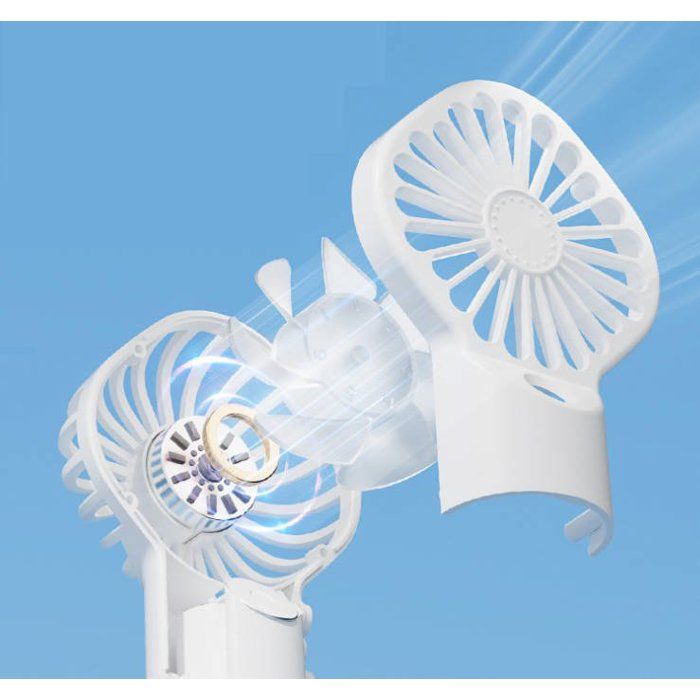 Image de style illustration montrant deux ventilateurs blancs en action, avec des effets visuels de flux dair (lignes blanches) et un effet de lumière bleue autour du moteur. Le fond est bleu clair. Aucun texte lisible.