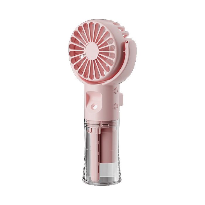 Ventilateur portatif de couleur rose pâle, composé dune tête circulaire avec des lames en plastique translucide, dun corps cylindrique avec deux boutons de commande, et dun réservoir transparent en bas contenant un