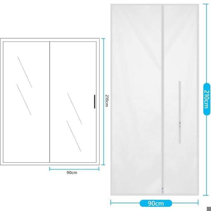 Schéma technique du joint de porte avec dimensions 90x210 cm, vue du produit blanc avec fermeture éclair centrale