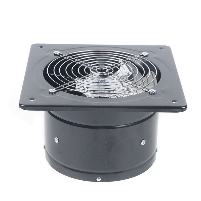 Vue frontale du ventilateur déchappement noir sur fond blanc. Le cadre carré noir est fixé à un corps cylindrique noir. Une grille métallique circulaire protège les pales. Quatre vis sont visibles aux coins du cadre.