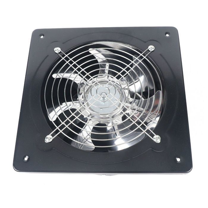 Vue frontale directe du ventilateur déchappement noir sur fond blanc. Le cadre carré noir, la grille métallique circulaire et les pales en métal sont clairement visibles. Quatre vis sont présentes aux coins du cadre.
