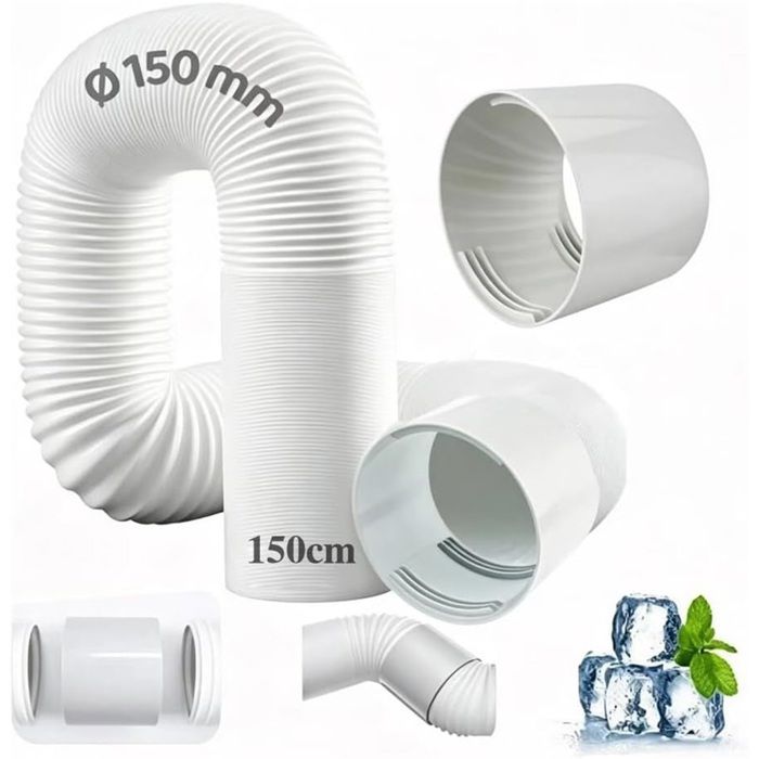 Tuyau blanc souple à nervures, enroulé en forme de U, avec des annotations textuelles : Φ150 mm sur larc supérieur et 150cm sur le segment vertical. Deux extrémités du tuyau sont montrées en vue de face, ainsi