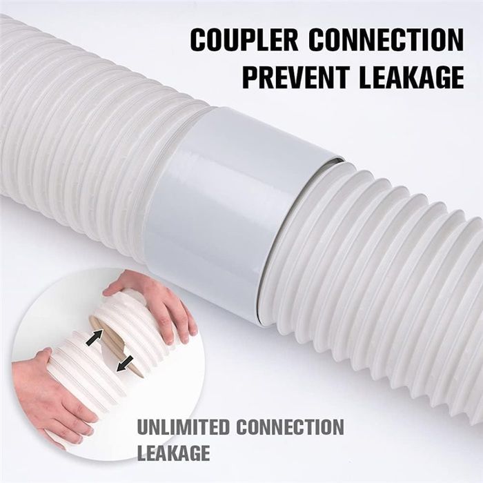 Gros plan sur une connexion entre deux sections du tuyau blanc souple, avec un raccord blanc lisse au milieu. Texte en haut : COUPLER CONNECTION PREVENT LEAKAGE. Un cercle en bas à gauche montre une main insérant un