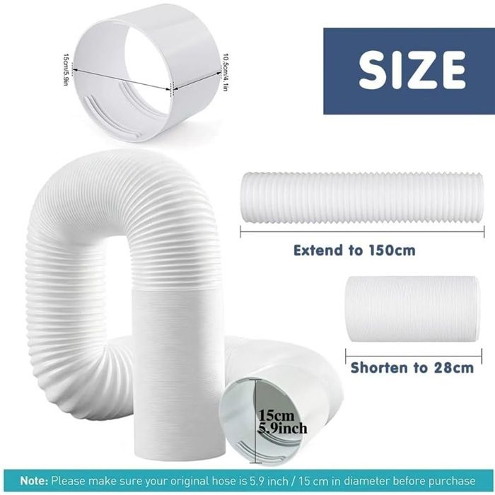 Tuyau blanc souple avec annotations de dimensions : diamètre intérieur 15 cm (5.9 inch), longueur maximale 150 cm, longueur minimale 28 cm. Indication SIZE en haut à droite et note en bas : Veuillez vous assurer que votre tuyau dorigine mesure 5.9 inch / 15 cm de diamètre avant lachat.