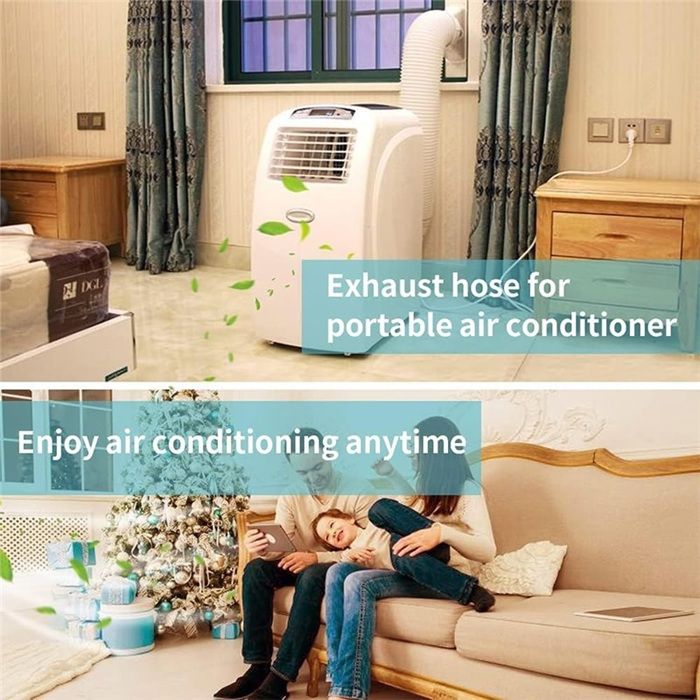 Image composite : en haut, un climatiseur mobile blanc avec le tuyau blanc sortant par la fenêtre, avec un texte superposé : Exhaust hose for portable air conditioner. En bas, une scène de salon avec un couple sur un