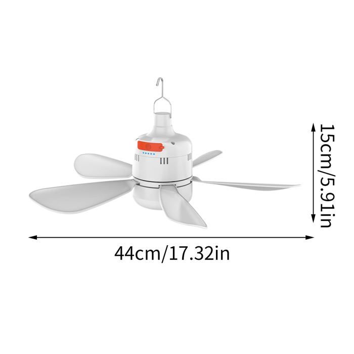 Ventilateur blanc à cinq pales suspendu par un crochet, avec annotations de dimensions : largeur 44 cm (17,32 pouces) et hauteur 15 cm (5,91 pouces), fond blanc uni.
