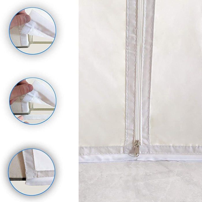 Gros plan sur la fermeture éclair centrale du joint de porte blanc. Trois cercles agrandis montrent des détails de fixation : un coin avec une bande de velcro, une fixation par bouton-pression, et une couture renforcée