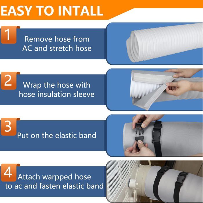 Schéma dinstallation en 4 étapes sur fond bleu : 1. Remove hose from AC and stretch hose avec image de la gaine blanche ; 2. Wrap the hose with hose insulation sleeve avec image de la gaine enroulée dans la gaine