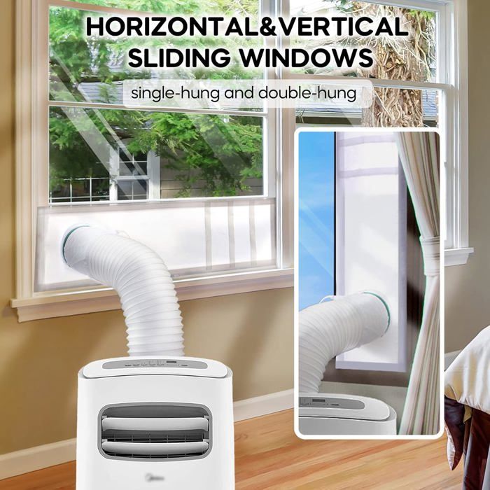 Un tuyau blanc est installé dans une fenêtre coulissante horizontale, avec un climatiseur portable blanc en bas. Texte en anglais : HORIZONTAL & VERTICAL SLIDING WINDOWS, single-hung and double-hung. Une vignette