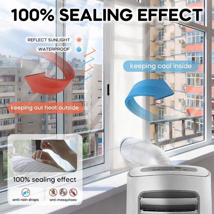Un tuyau blanc est inséré dans une fenêtre ouverte, avec un climatiseur portable blanc en bas à droite. Texte en anglais : 100% SEALING EFFECT, keeping out heat outside, keeping cool inside. Des pictogrammes