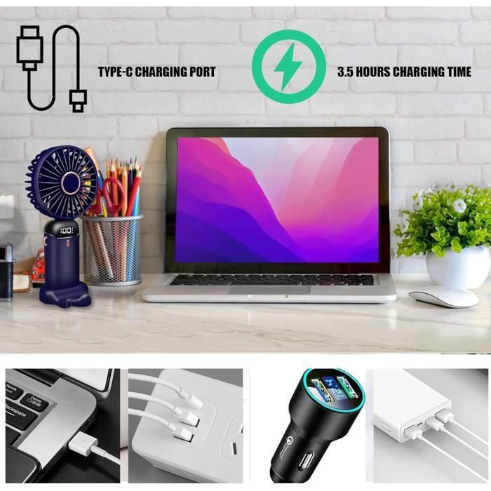 Un ventilateur bleu foncé est posé sur un bureau à côté dun ordinateur portable, dun pot à crayons et dune plante. En haut, du texte indique TYPE-C CHARGING PORT et 3.5 HOURS CHARGING TIME. En bas, des vignettes