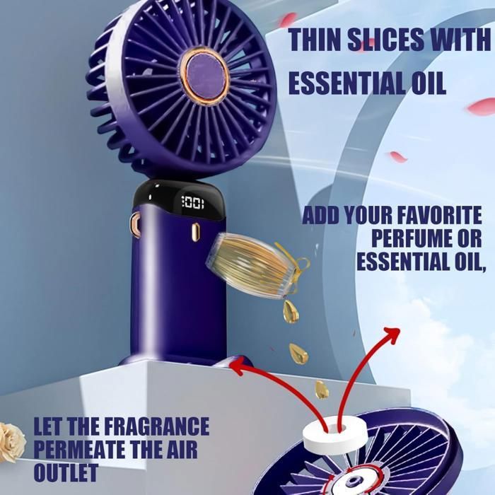 Schéma illustrant la fonction de diffusion dhuile essentielle. Un ventilateur bleu foncé est montré avec un flacon dhuile essentielle versant des gouttes dans un compartiment. Des flèches rouges indiquent que le