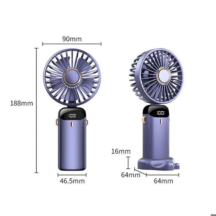 Schéma technique montrant deux vues du ventilateur : une de face et une de profil. Les dimensions annotées sont : hauteur totale 188mm, diamètre du ventilateur 90mm, largeur du corps 46.5mm, largeur de la base 64mm, et hauteur de la base 16mm. Laffichage numérique 100% est visible sur le corps du ventilateur.