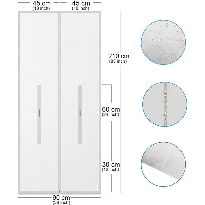 Schéma technique du kit de porte coulissante avec annotations de dimensions : largeur totale 90 cm (36 inch), hauteur 210 cm (83 inch), chaque panneau 45 cm (18 inch) de large. Des cercles agrandis montrent des détails : gouttelettes deau sur le tissu, chaîne de fermeture éclair, et couture du tissu. Texte lisible : 45 cm (18 inch), 210 cm (83 inch), 60 cm (24 inch), 30 cm (12 inch), 90 cm (36 inch).