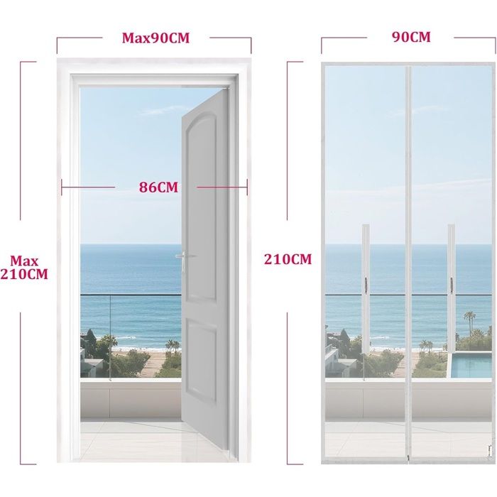 Comparaison visuelle entre une porte classique (ouverte, largeur 86 cm, hauteur max 210 cm) et le kit de porte coulissante (largeur 90 cm, hauteur 210 cm). Texte lisible : Max90CM, 86CM, Max 210CM, 210CM