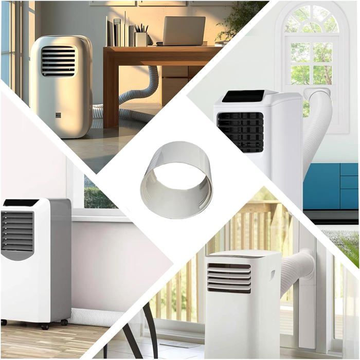 Collage de quatre scènes montrant des climatiseurs portables blancs utilisés dans différents environnements (bureau, chambre, salon), tous avec un tuyau flexible sortant par la fenêtre. Au centre, un encart montre le