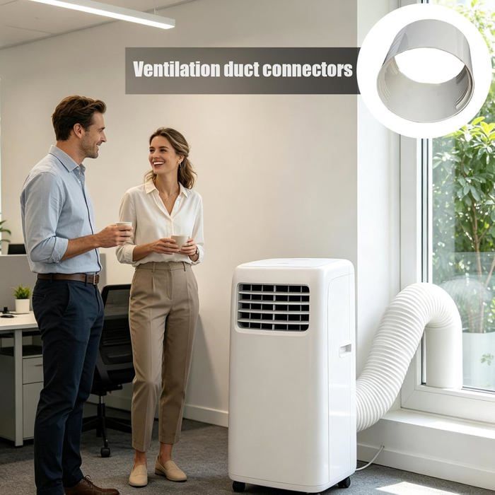 Image de contexte montrant un couple dans un bureau, à côté dune climatisation portable blanche avec un tuyau flexible blanc sortant par la fenêtre. En haut à droite, un encart circulaire montre le connecteur blanc