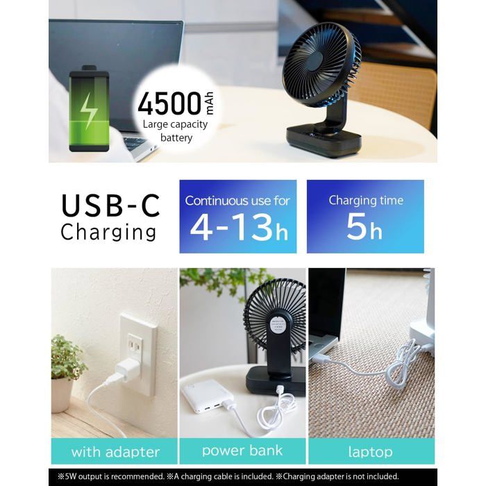 Schéma avec texte 4500 mAh Large capacity battery. Trois vignettes : charge avec adaptateur, power bank, laptop. Texte USB-C Charging, Continuous use for 4-13h, Charging time 5h. En bas, note : ※5W output is
