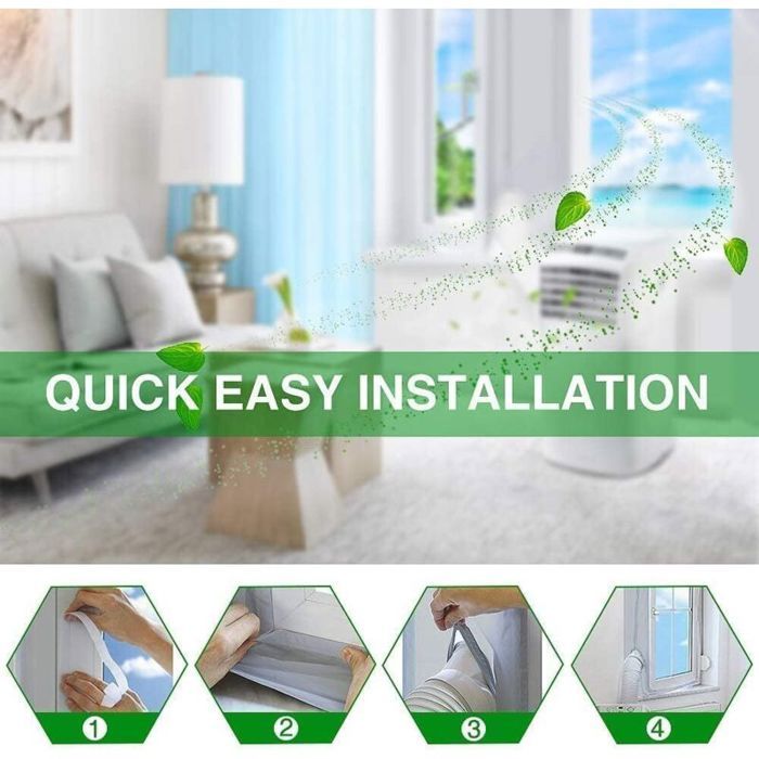 Image de salon avec canapé, lampe et fenêtre, sur laquelle est superposé un bandeau vert avec le texte QUICK EASY INSTALLATION. En bas, quatre hexagones numérotés (1 à 4) montrent des étapes dinstallation : (1)