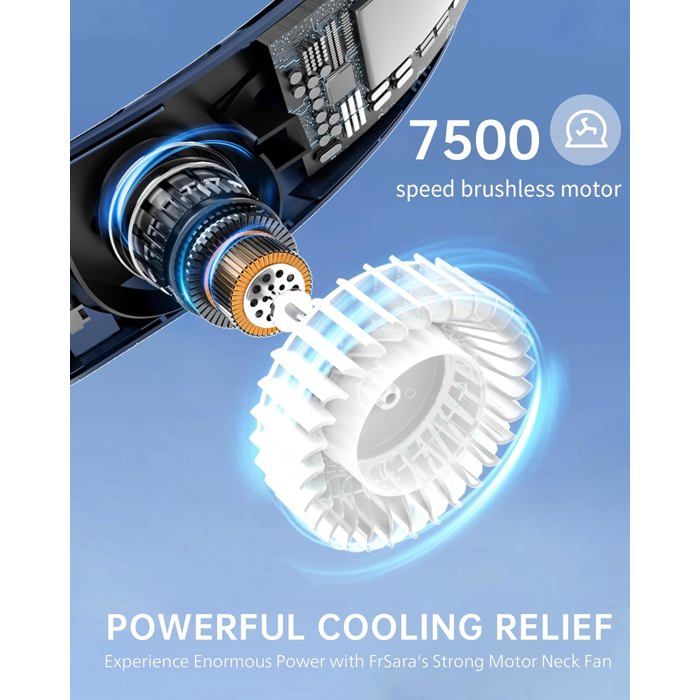 Femme portant le ventilateur de cou bleu autour du cou, avec des effets graphiques de flux dair blancs. En haut, le texte INSTANT COOLING COMFORT et Stay Cool Anywhere with FrSaras Neck Fan. En bas, trois niveaux de vitesse sont indiqués : Speed 1 Gentle Breeze, Speed 2 Fresh Wind, Speed 3 Strong Blow, chacun avec un pictogramme de ventilateur.
