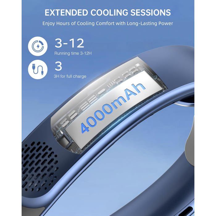 Image montrant une batterie avec linscription 4000mAh en bleu. En haut, le texte EXTENDED COOLING SESSIONS et Enjoy Hours of Cooling Comfort with Long-Lasting Power. Deux pictogrammes indiquent 3-12 Running time