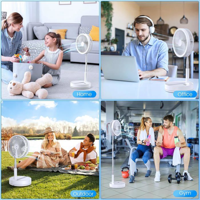 Image composite en 4 cases montrant le ventilateur blanc dans différents usages : en haut gauche, dans un salon avec une femme et une enfant (étiqueté Home) ; en haut droit, sur un bureau avec un homme travaillant