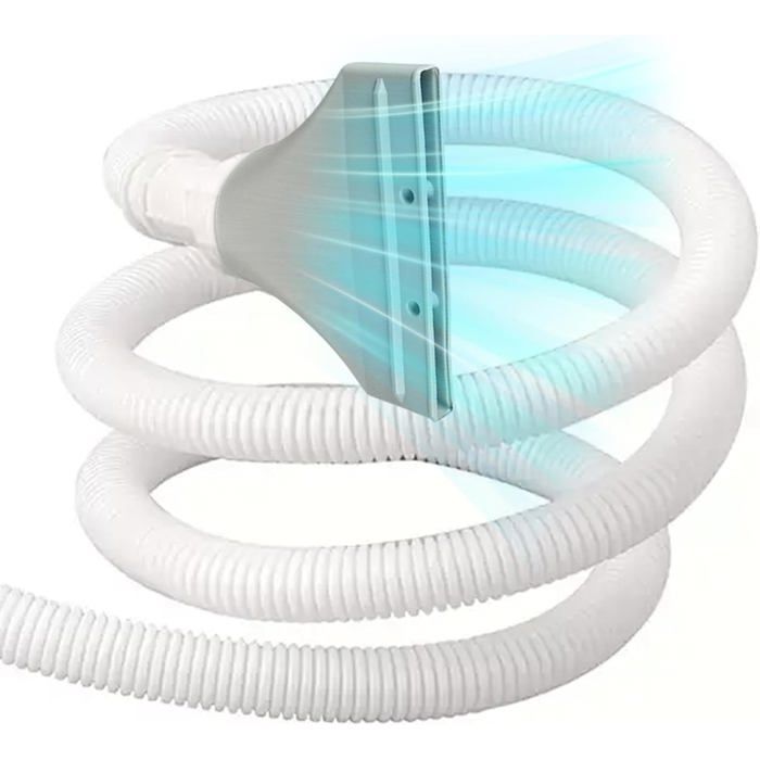 Adaptateur gris clair fixé à un tuyau flexible blanc, enroulé en spirale. Un effet de lumière bleue est superposé à ladaptateur, simulant un flux dair. Le fond est blanc.