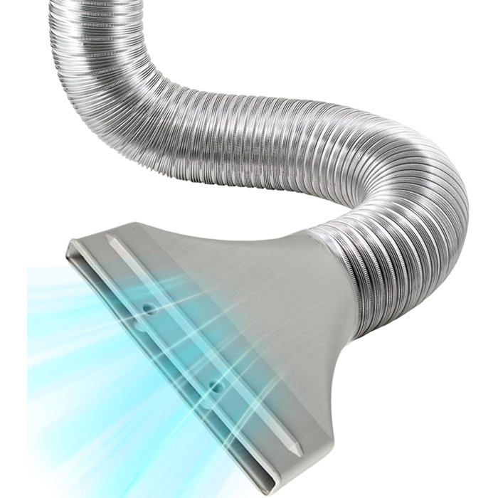 Adaptateur gris clair fixé à un tuyau flexible métallique argenté, courbé en forme de U. Un effet de lumière bleue est superposé à la surface de ladaptateur, suggérant un flux dair. Le fond est blanc.