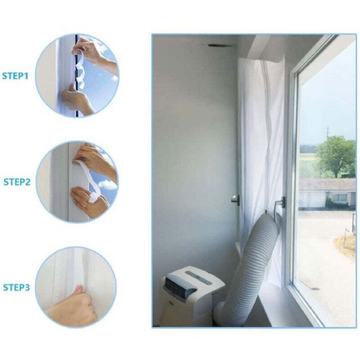 À droite, un climatiseur mobile blanc est installé près dune fenêtre ouverte, avec un tuyau souple blanc passant à travers un joint de fenêtre blanc. À gauche, trois cercles numérotés STEP1, STEP2, STEP3 montrent